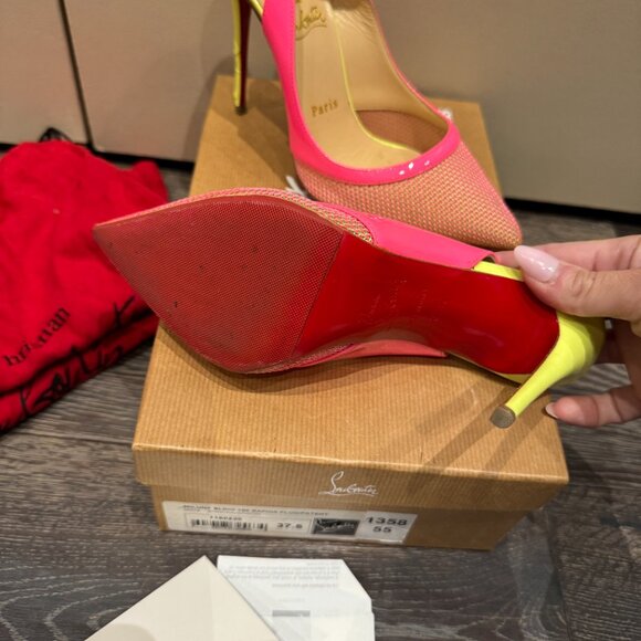 Christian Louboutin Miluna Sling 100 Neon Patent Leather- Trimmed Raffia Pumps - Picture 2 of 5